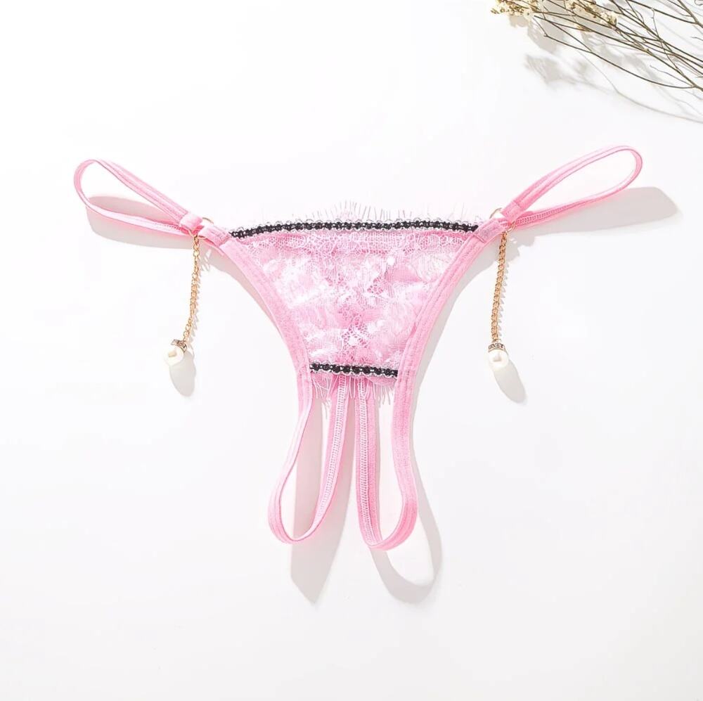 Women Low Rise Lace Thong Panties, Pearl Tassel Chain Hollow Sexy Lingerie